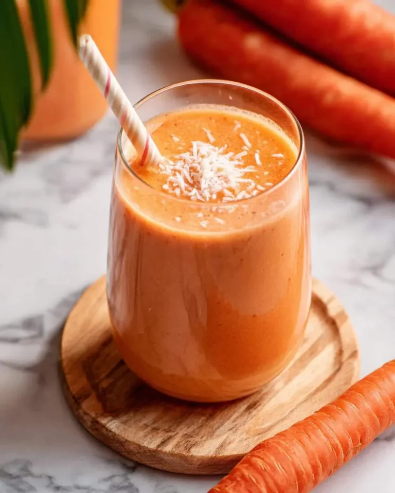 A creamy carrot smoothie topped with coconut flakes in a glass with a striped straw.