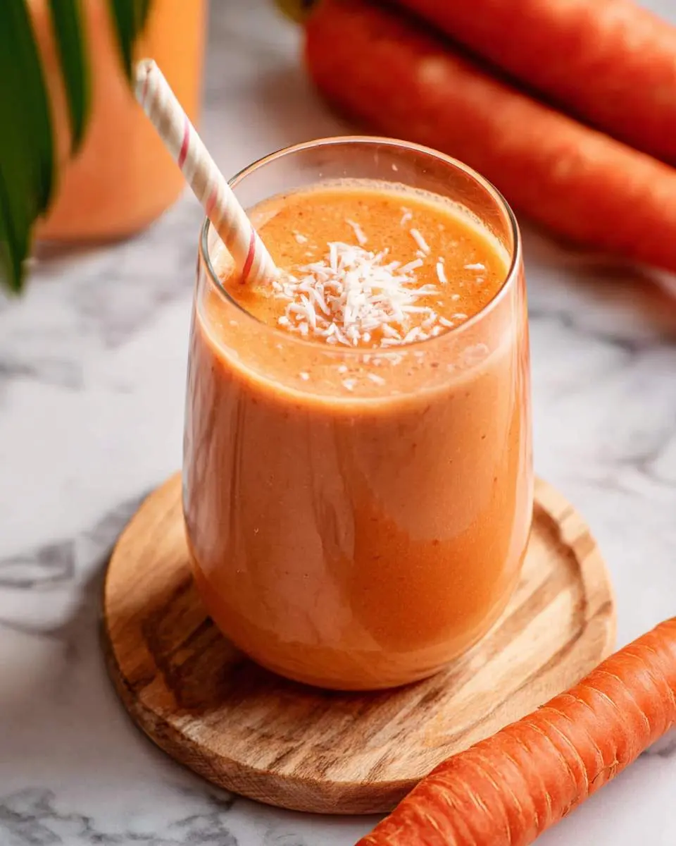 A creamy carrot smoothie topped with coconut flakes in a glass with a striped straw.
