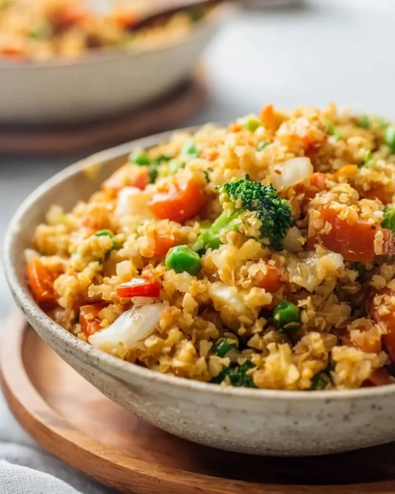 A bowl of colorful cauliflower rice stir fry with broccoli, carrots, peas, and onions in a ceramic dish.