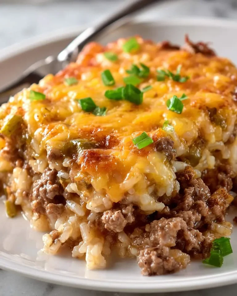 Close-up of cheesy beef and rice casserole topped with melted cheddar and green onions on a white plate.