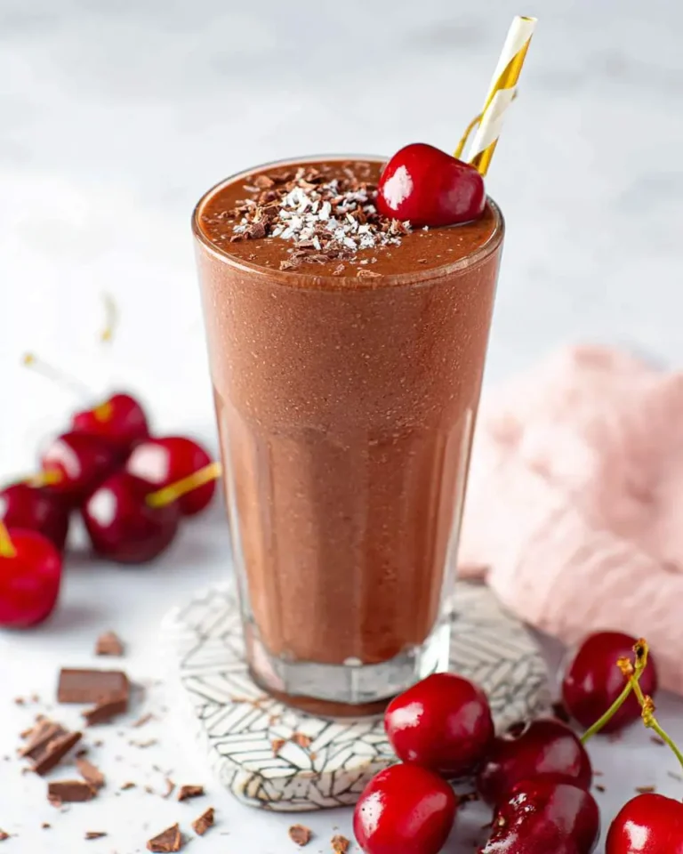 A tall glass of cherry chocolate smoothie topped with coconut flakes, chocolate shavings, and a fresh cherry.
