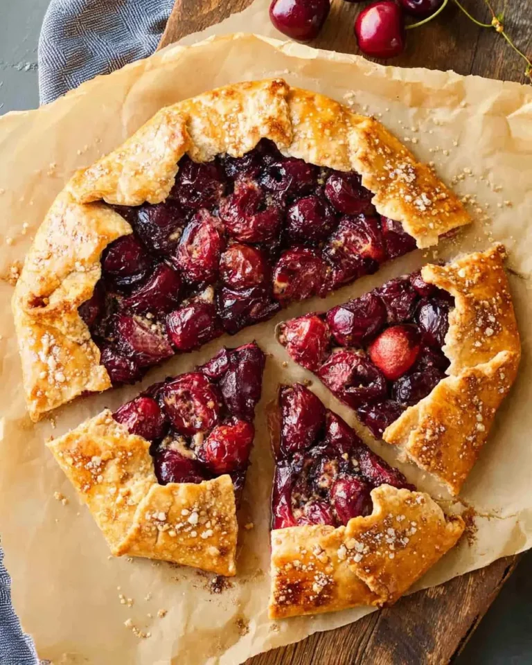 A rustic Cherry Galette with a golden flaky crust, sliced into wedges and topped with coarse sugar, served on parchment paper.