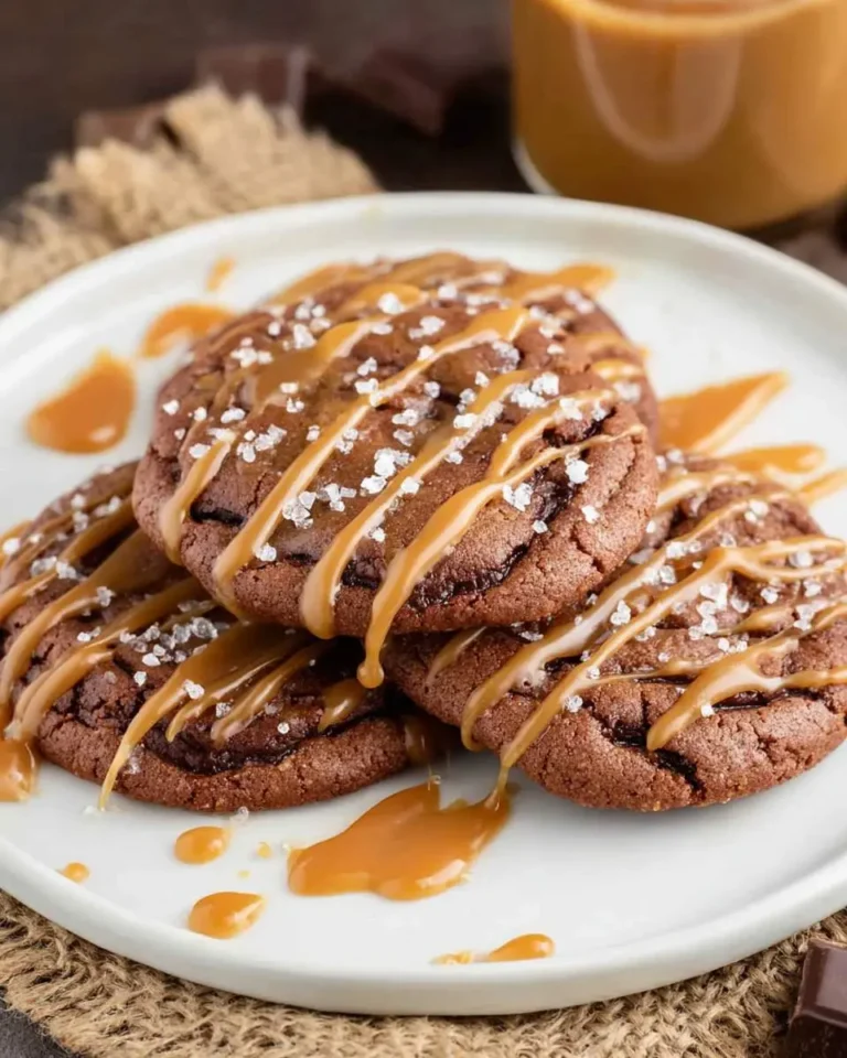Stack of chewy Salted Caramel Cookies drizzled with caramel sauce and flaky sea salt on a white plate.