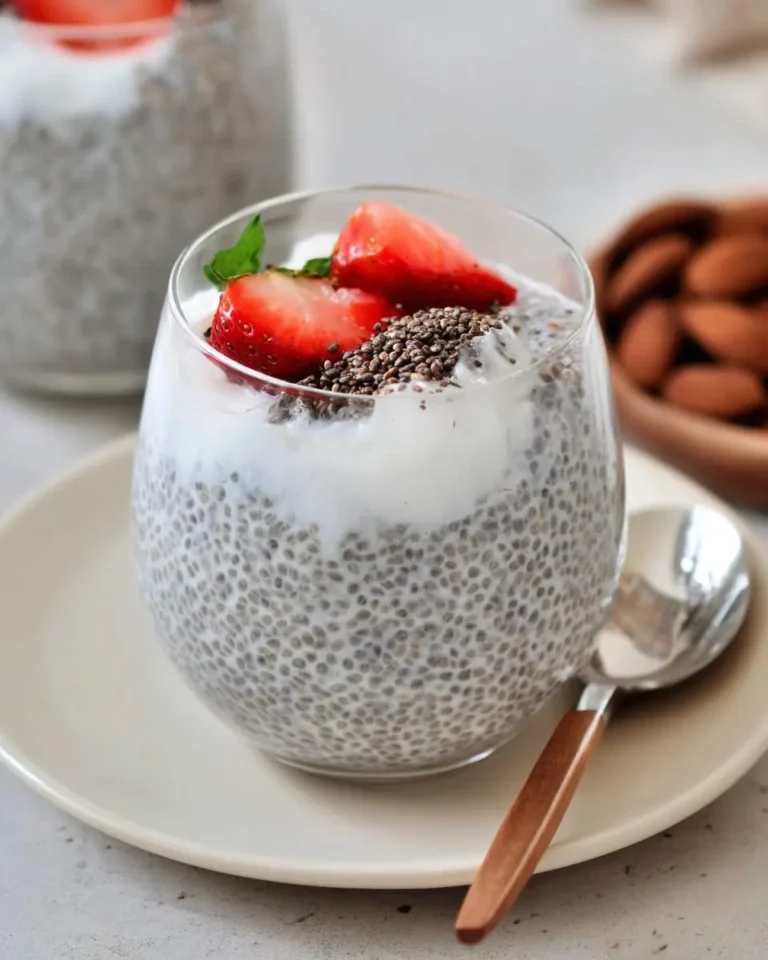 Creamy Chia Pudding with Coconut Milk topped with fresh strawberries, chia seeds, and mint in a glass.