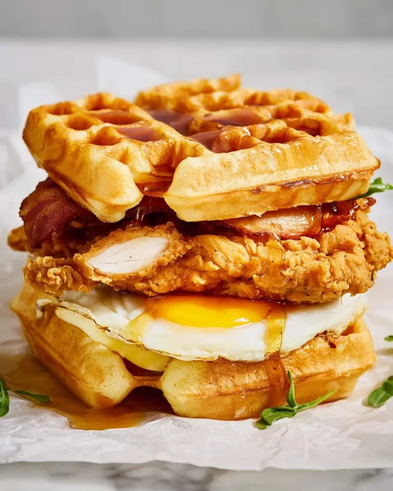 A stacked Chicken and Waffle Breakfast Sandwich with crispy fried chicken, bacon, fried egg, and syrup-drizzled waffles.