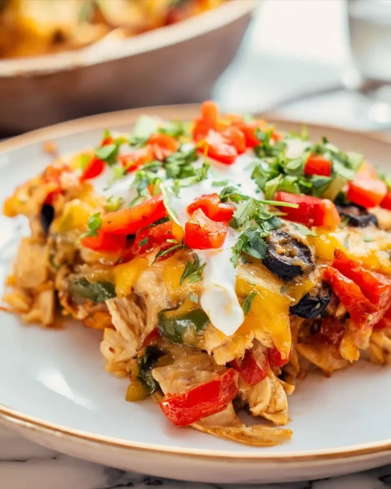 A plated slice of Chicken Fajita Casserole topped with melted cheese, sour cream, diced peppers, and fresh cilantro.