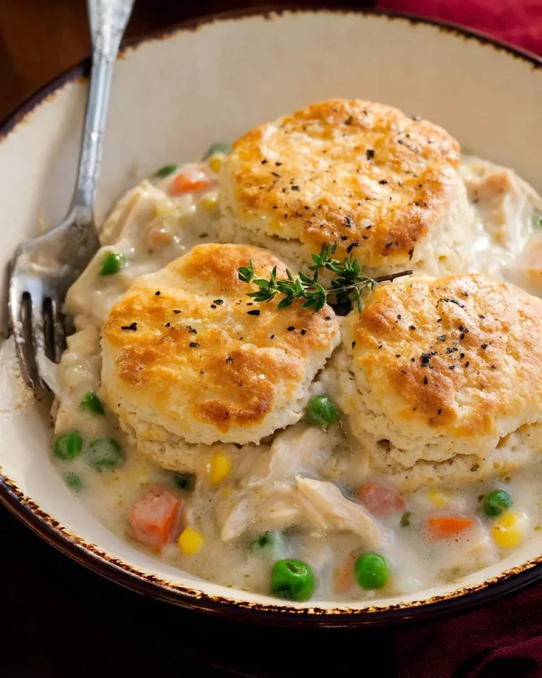 A bowl of Chicken Pot Pie with Biscuits topped with golden flaky biscuits, fresh thyme, and creamy vegetable filling.