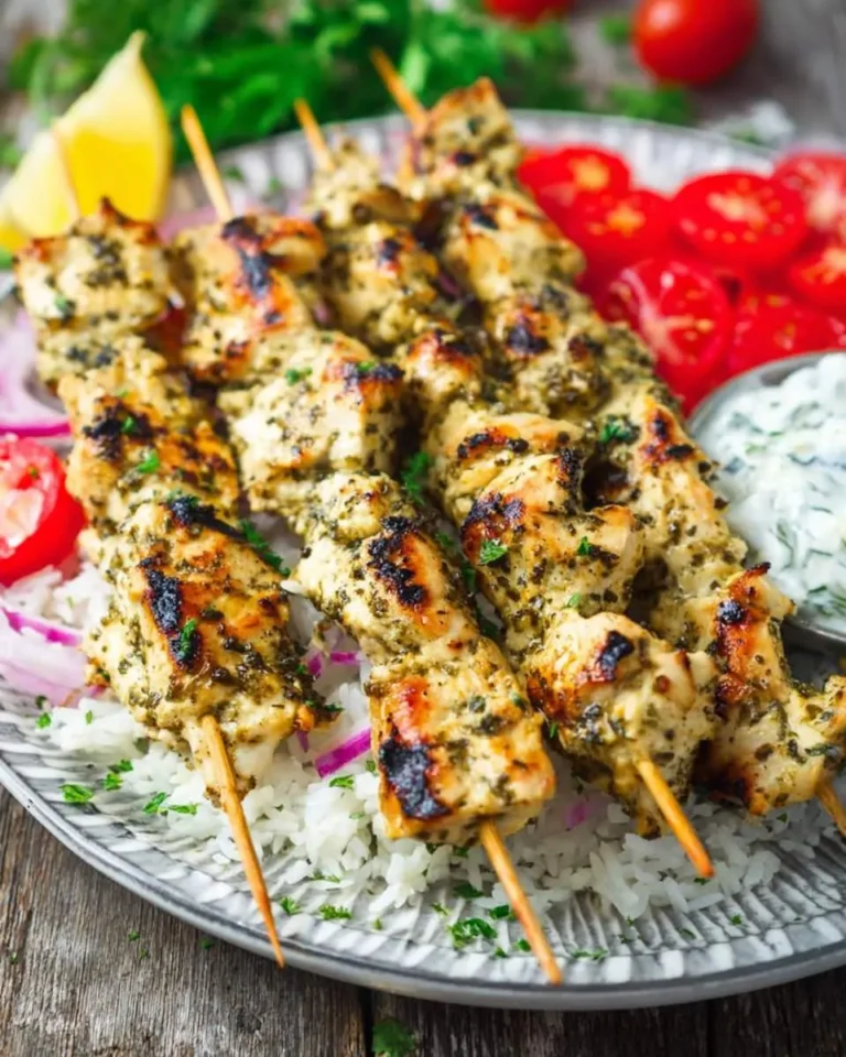 Grilled Chicken Souvlaki skewers served over rice with fresh tomatoes, red onion, and tzatziki sauce.