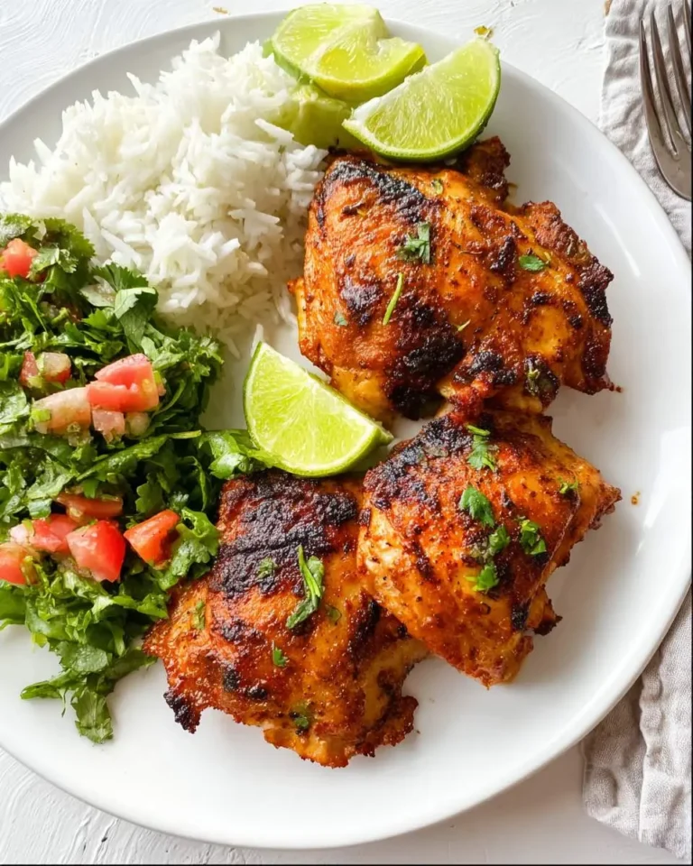 Plate of Chili Lime Chicken Thighs with white rice, fresh salsa, and lime wedges on a white dish.
