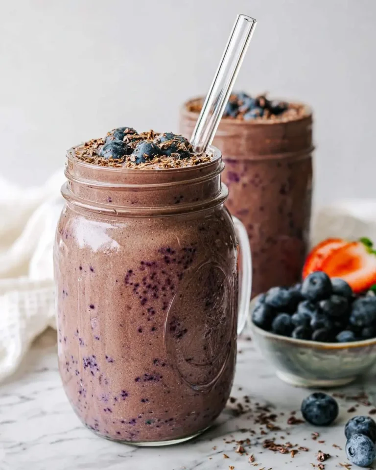 Chocolate berry smoothie in a mason jar topped with blueberries and cacao nibs, with a glass straw.