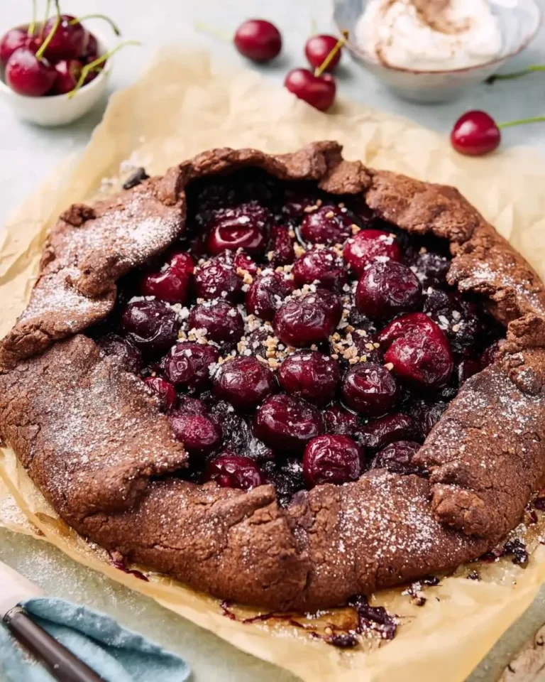A rustic Chocolate Cherry Galette with a folded chocolate crust, filled with fresh cherries and dusted with powdered sugar.