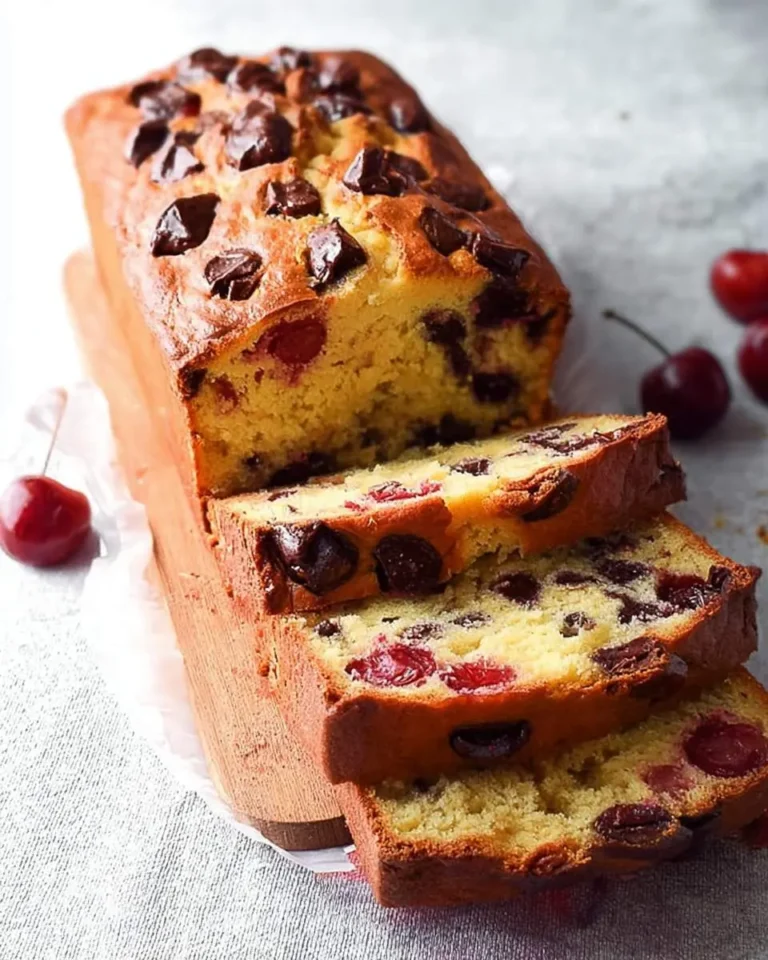 Sliced Chocolate Chip Cherry Bread loaf with visible cherries and chocolate chunks on a wooden board.
