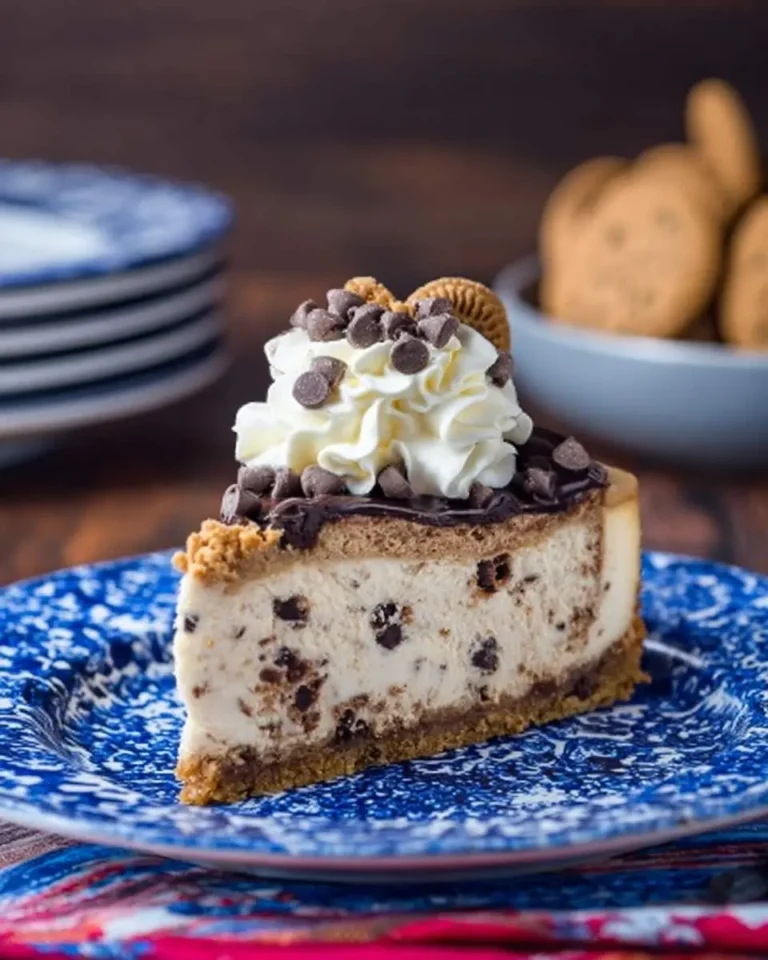 A slice of Chocolate Chip Cookie Mousse Cheesecake topped with whipped cream and chocolate chips on a blue plate.