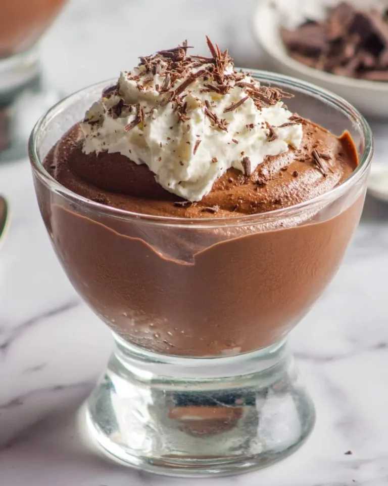 Rich chocolate mousse topped with whipped cream and chocolate shavings in a glass dessert bowl.