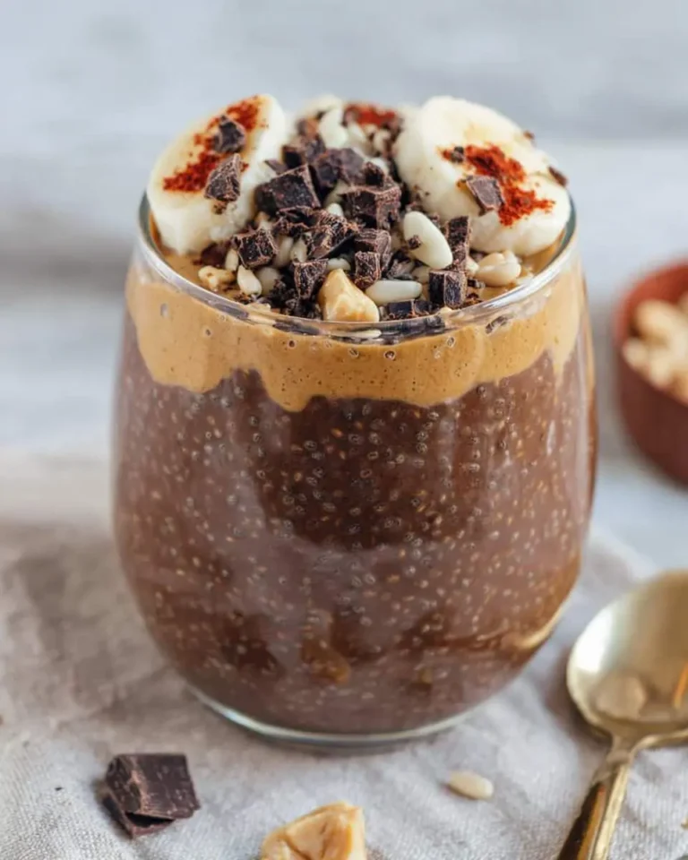 Chocolate Peanut Butter Chia Pudding in a glass jar topped with banana slices, chocolate chunks, and nuts.