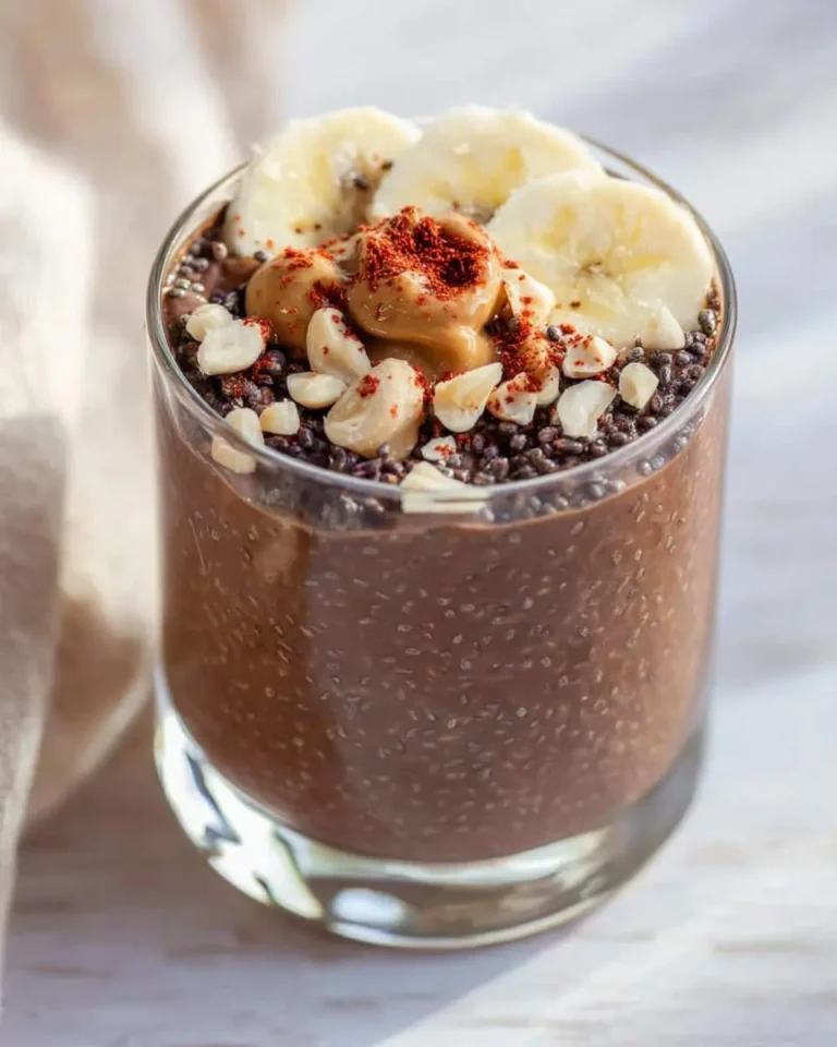 Chocolate Peanut Butter Chia Seed Pudding topped with banana slices, peanut butter, and chopped peanuts in a glass.