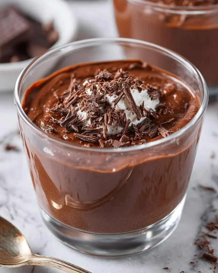 Rich chocolate pudding in a glass cup topped with whipped cream and chocolate shavings.