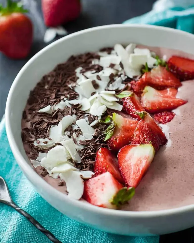 A chocolate strawberry smoothie bowl topped with fresh strawberries, coconut flakes, and chocolate shavings in a white bowl.