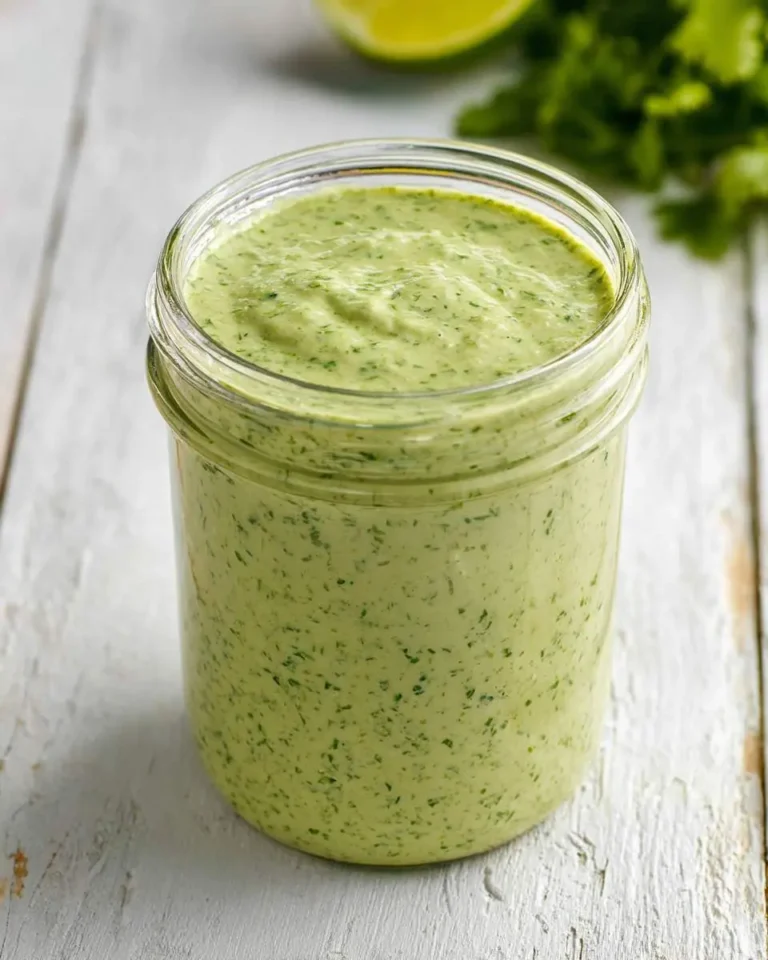 A glass jar filled with creamy green cilantro jalapeno sauce sits on a white wooden surface with fresh herbs in the background.