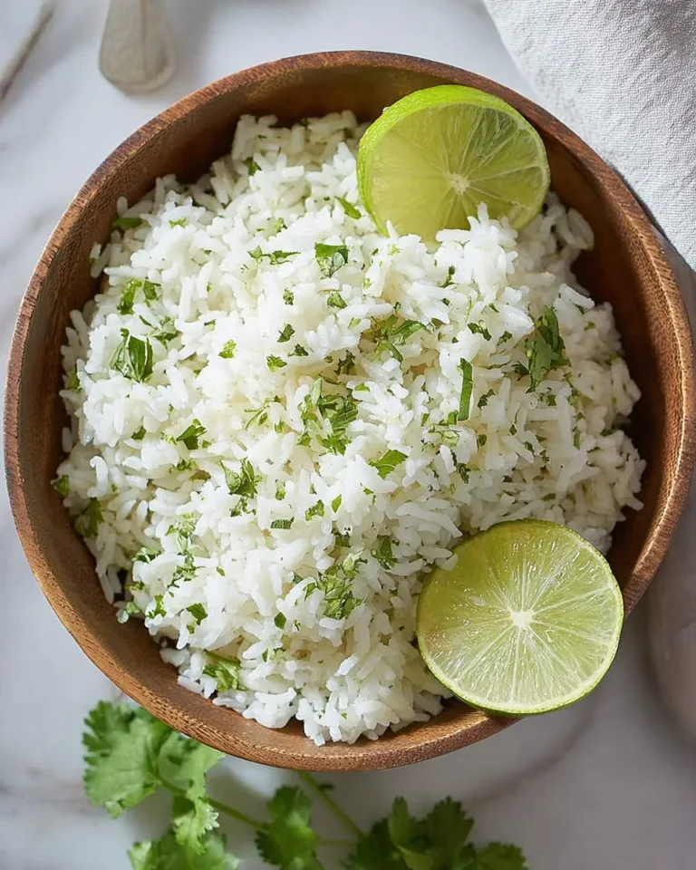 Fresh Cilantro Lime Rice served in a wooden bowl with lime slices and chopped cilantro on top.