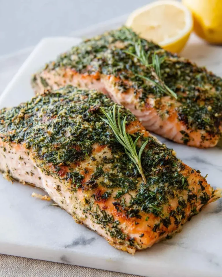 Two herb-crusted citrus dill salmon fillets garnished with fresh rosemary on a marble board with lemon halves.