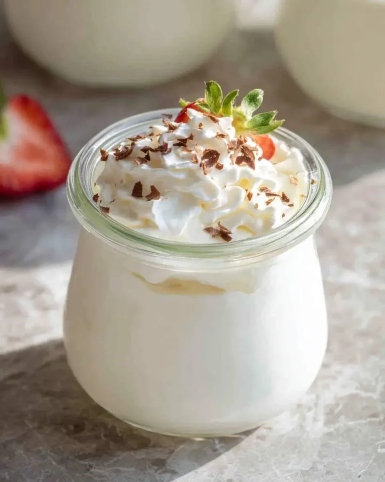 Coconut Cream Mousse topped with whipped cream, chocolate shavings, and fresh strawberry in a glass jar.