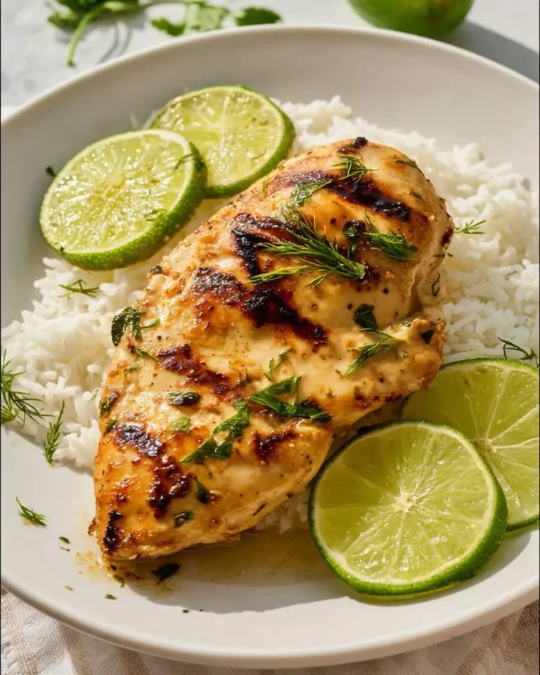 Grilled Coconut Lime Chicken served over white rice with fresh lime slices and herbs in a white bowl.