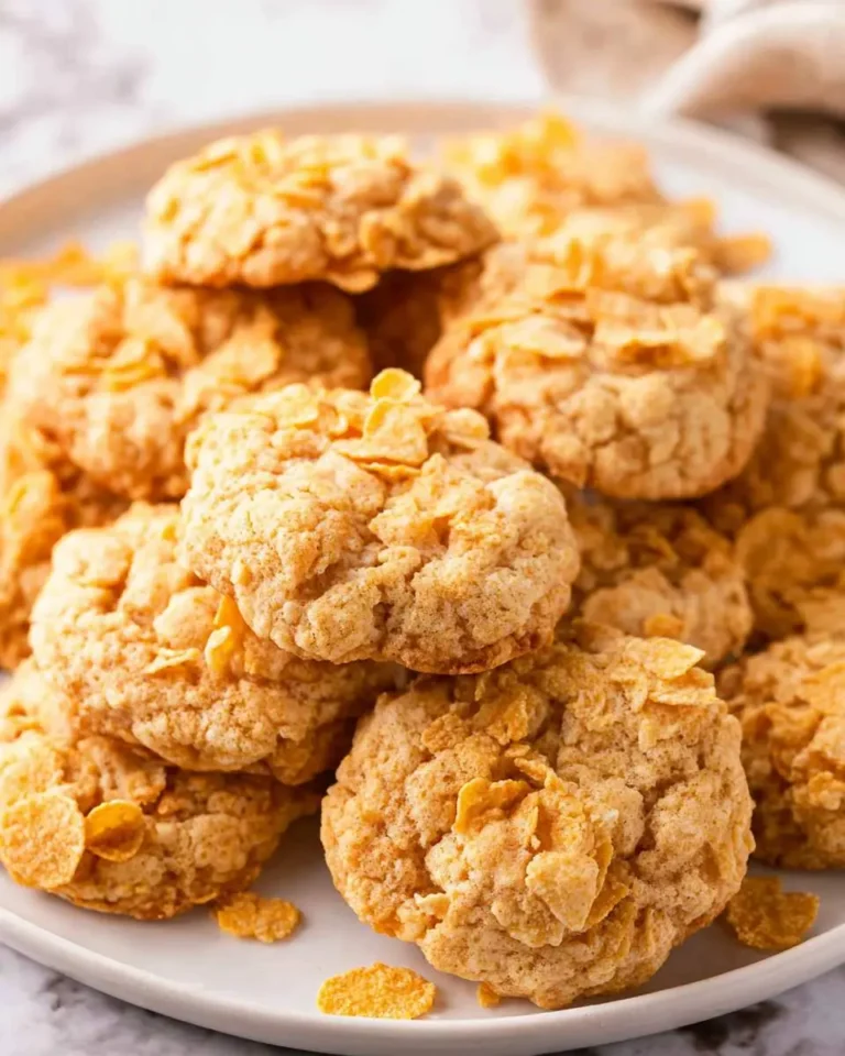 A stack of golden Cornflake Cookies on a white plate, showing their crispy, crunchy texture.