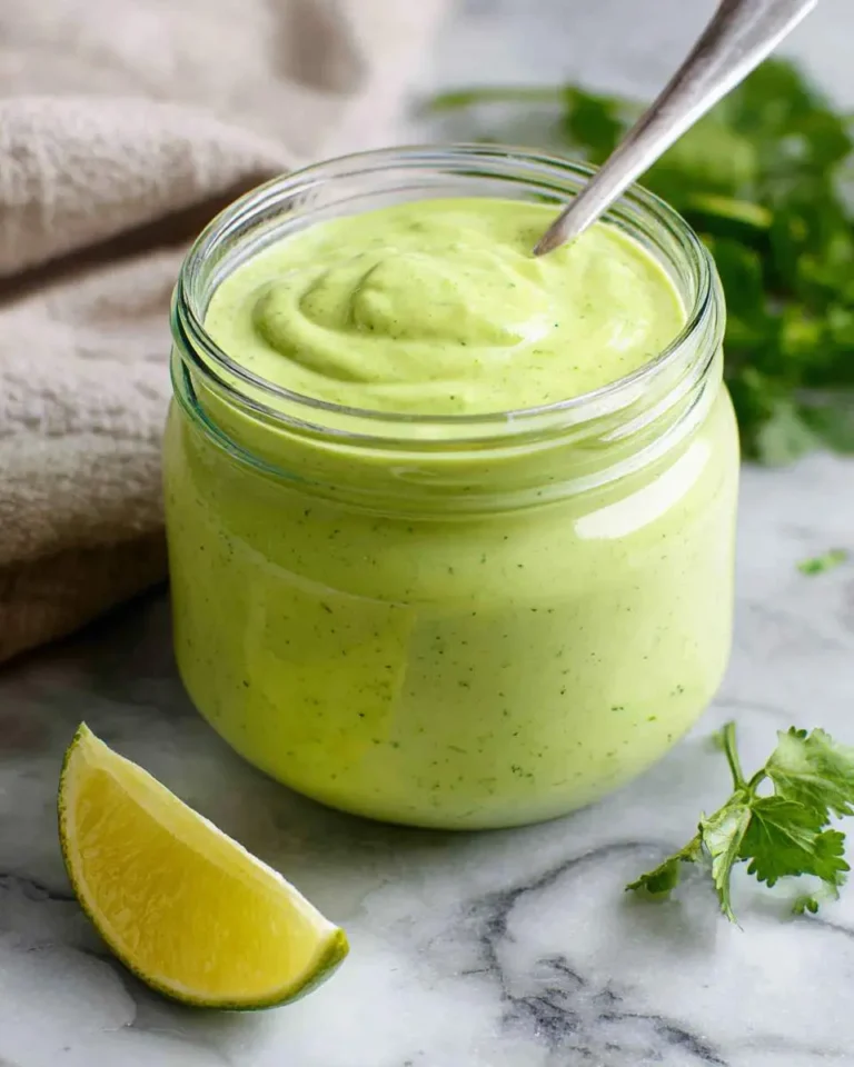 Creamy avocado lime dressing in a glass jar with a spoon, fresh lime wedge and cilantro nearby.