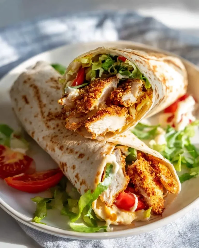 Two Crispy Chicken Wrap halves stacked on a white plate with fresh lettuce and tomato.