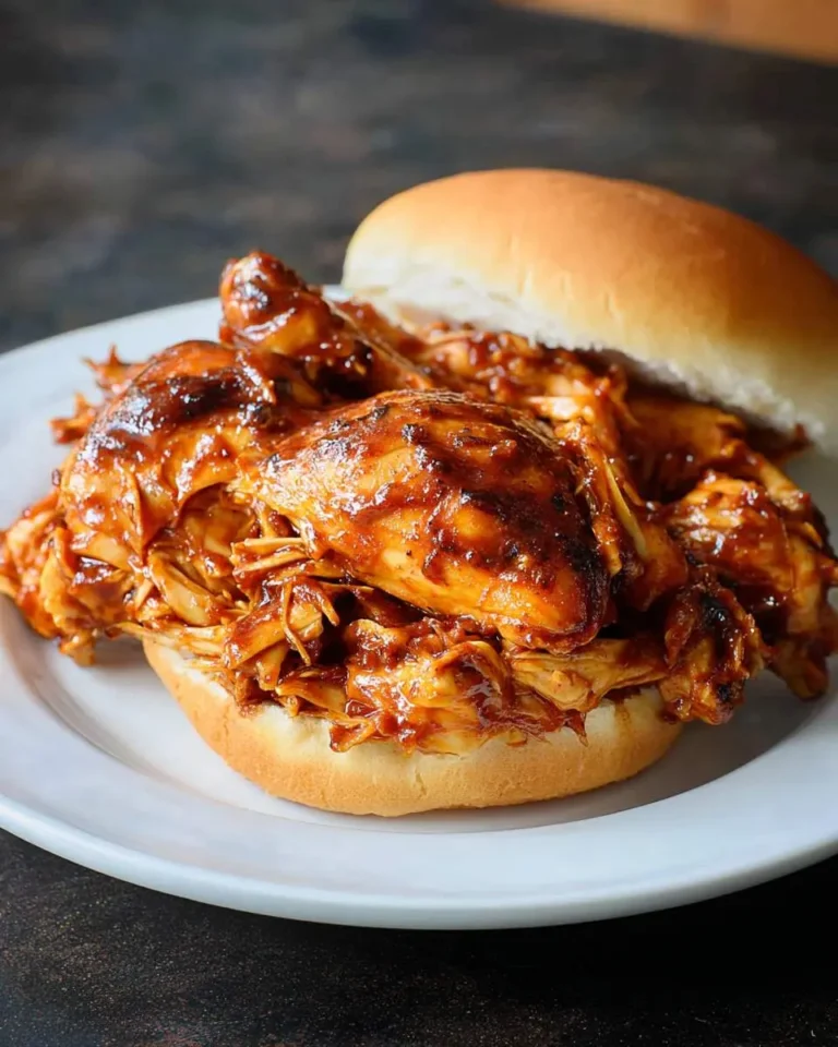Juicy Crockpot BBQ Chicken piled high on a soft hamburger bun, ready to serve.