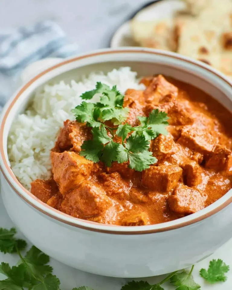 A bowl of Crockpot Butter Chicken with creamy orange curry, tender chicken chunks, white rice, and fresh cilantro garnish.