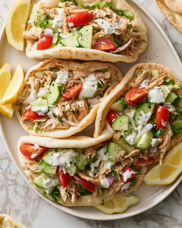 Four Crockpot Greek Chicken Gyros arranged on a white platter with lemon wedges, topped with tzatziki, cucumber, and tomatoes.