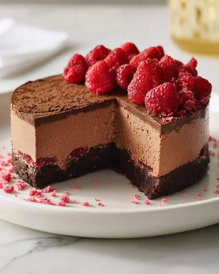 Dark chocolate and raspberry mousse cake with a slice removed, topped with fresh raspberries and cocoa powder.