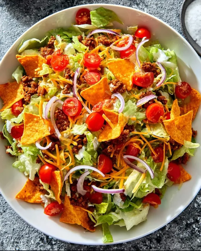 A fresh Doritos Taco Salad in a white bowl with lettuce, seasoned ground beef, cherry tomatoes, red onions, shredded cheese, and crunchy Doritos chips.