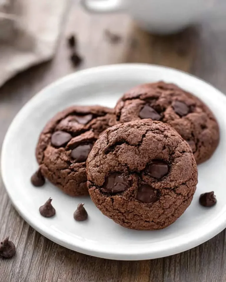 Three Double Chocolate Chunk Cookies on a white plate with scattered chocolate chips.