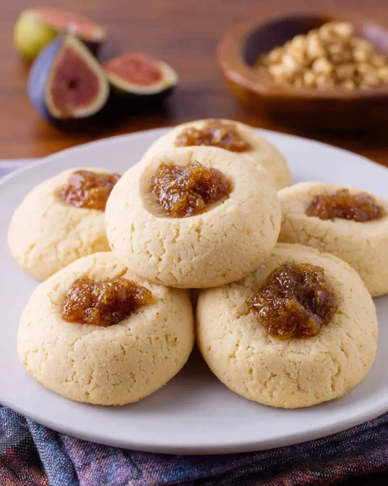 Stack of Fig and Honey Cookies with jam centers on a white plate, with fresh figs and hazelnuts in the background.