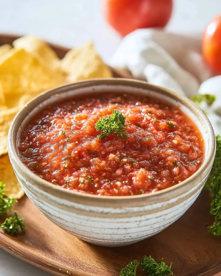 Bowl of fresh Fire Roasted Salsa garnished with herbs, served with crispy tortilla chips on a wooden board.