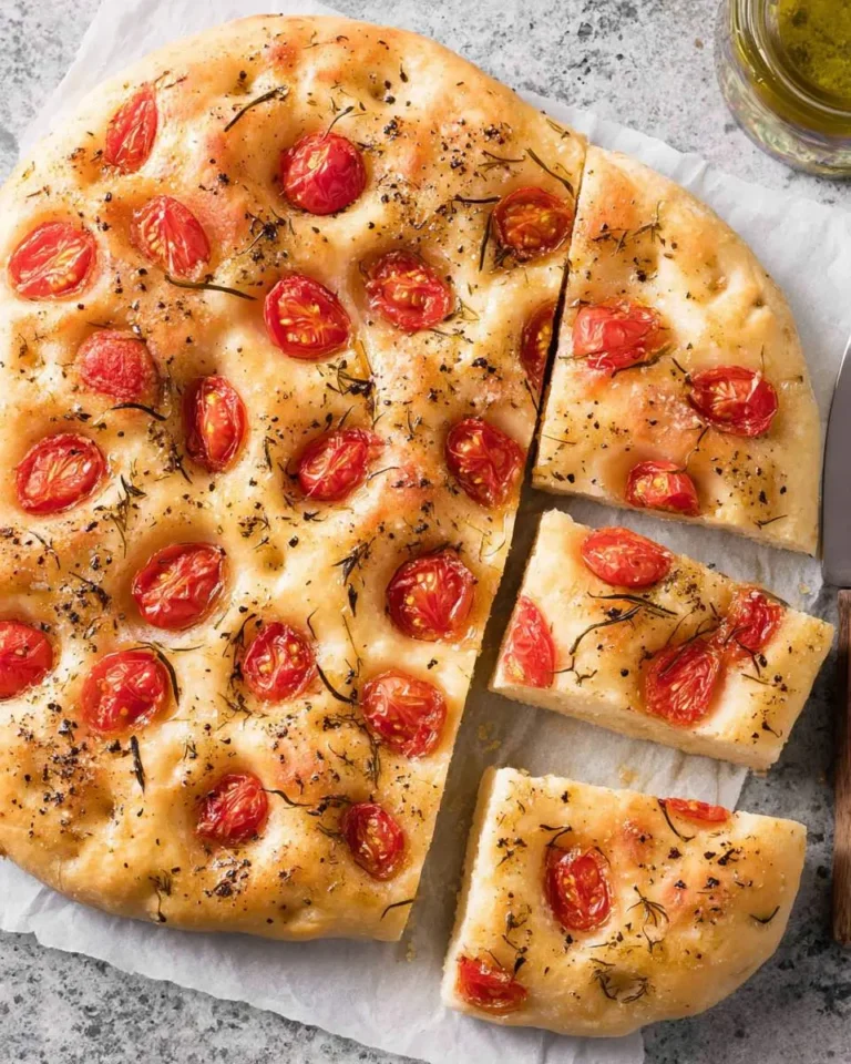 Freshly baked Focaccia with Tomatoes topped with roasted cherry tomatoes, rosemary, and olive oil, sliced into pieces.