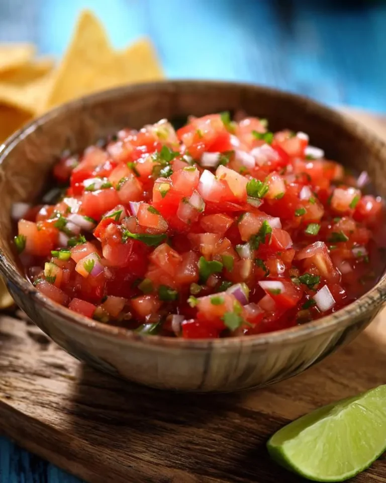 A rustic wooden bowl filled with vibrant fresh tomato salsa, garnished with cilantro and onions, served with tortilla chips and lime.