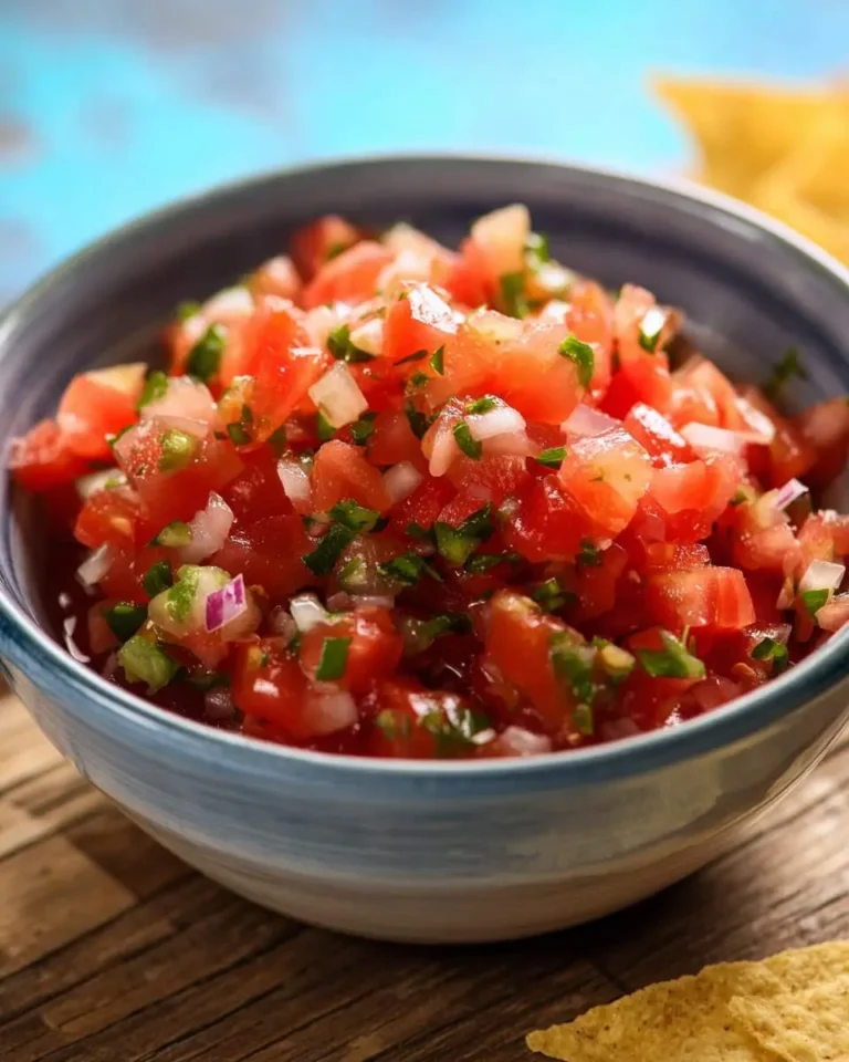 A bowl of fresh tomato salsa with diced tomatoes, onions, and cilantro served with tortilla chips.