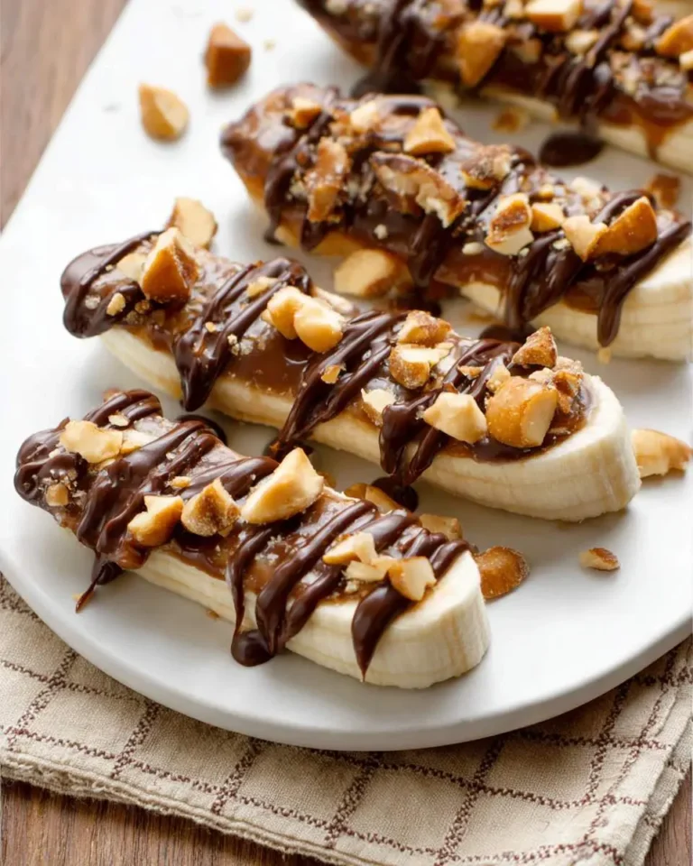 Frozen banana halves topped with caramel, chocolate drizzle, and chopped peanuts on a white plate.