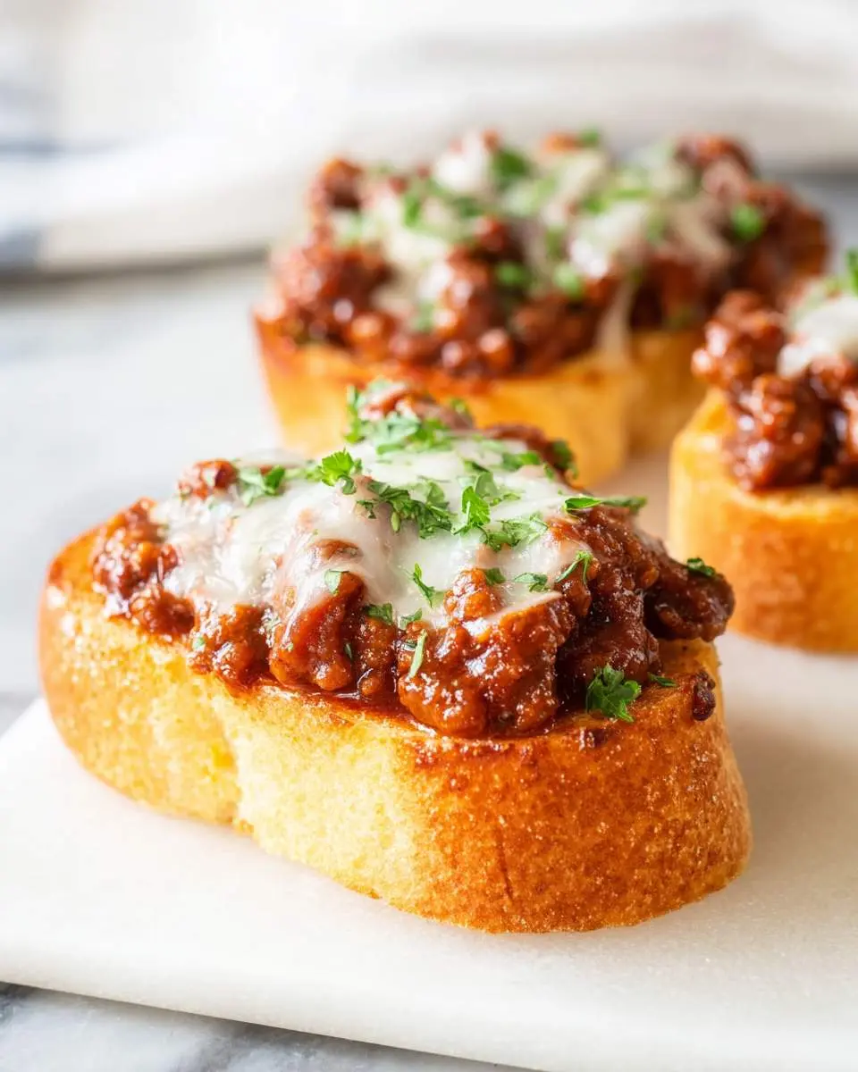 Close-up of Garlic Bread Sloppy Joes topped with melted cheese and fresh parsley on a white serving board.