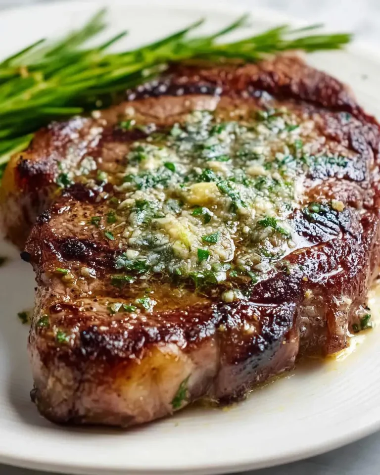 Juicy Garlic Butter Ribeye Steak topped with herb butter, served on a white plate with green beans.