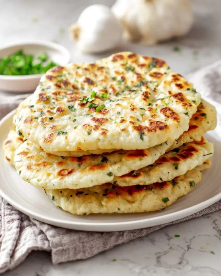 Stack of golden brown Garlic Herb Flatbread topped with fresh herbs on a white plate.