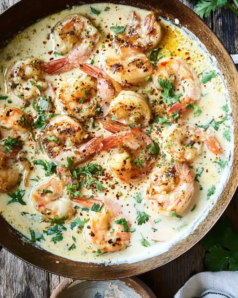 Garlic Shrimp in Coconut Milk served in a skillet with creamy sauce, fresh herbs, and spices.