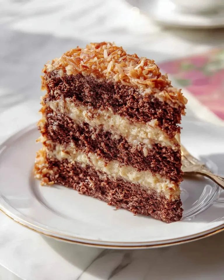 A slice of layered German Chocolate Cake with coconut pecan frosting on a white plate.
