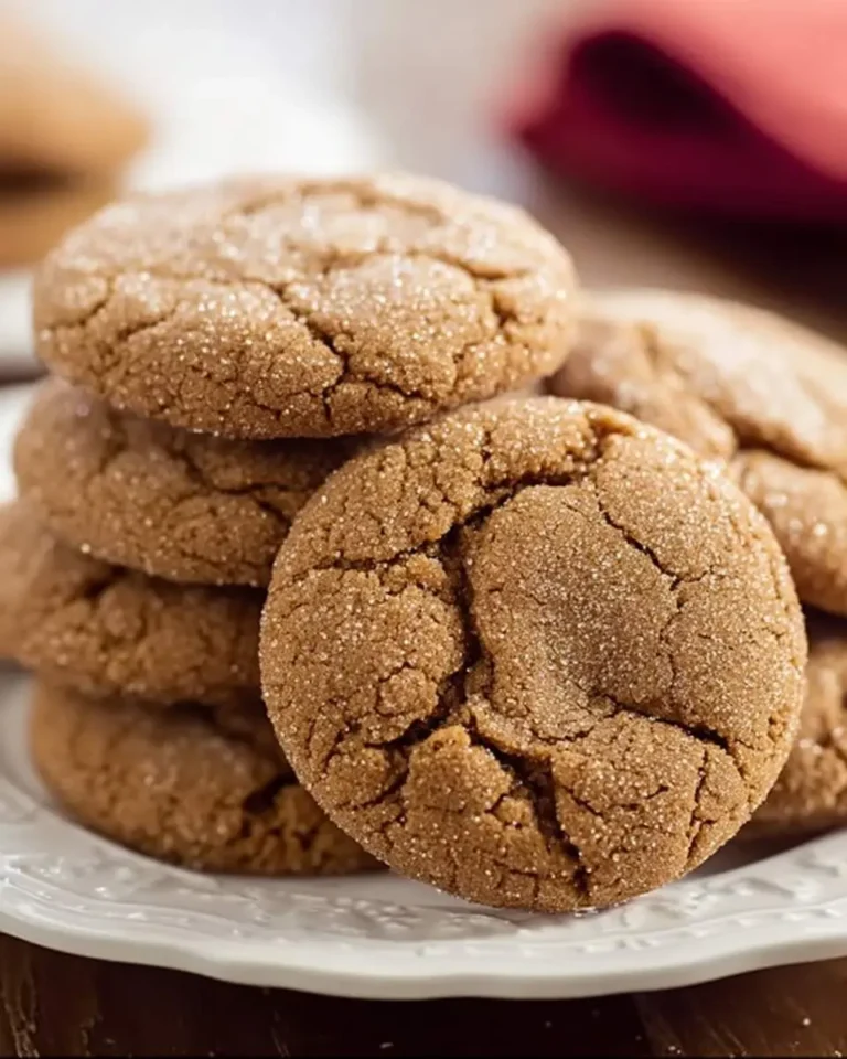 Stack of homemade ginger snap cookies with cracked, sugar-dusted surfaces on a white decorative plate.
