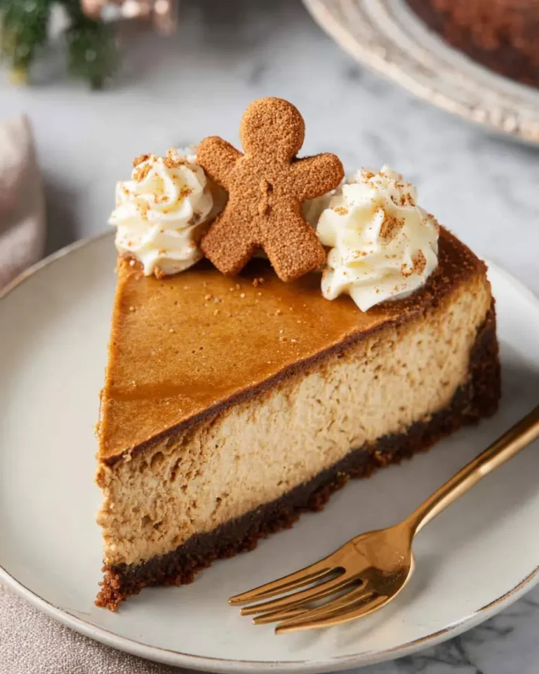 Slice of Gingerbread Cheesecake Cake topped with whipped cream and a gingerbread man cookie on a white plate.