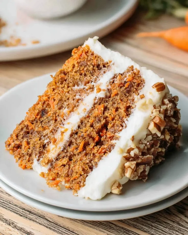 A slice of gluten-free carrot cake with cream cheese frosting and pecans on a white plate.